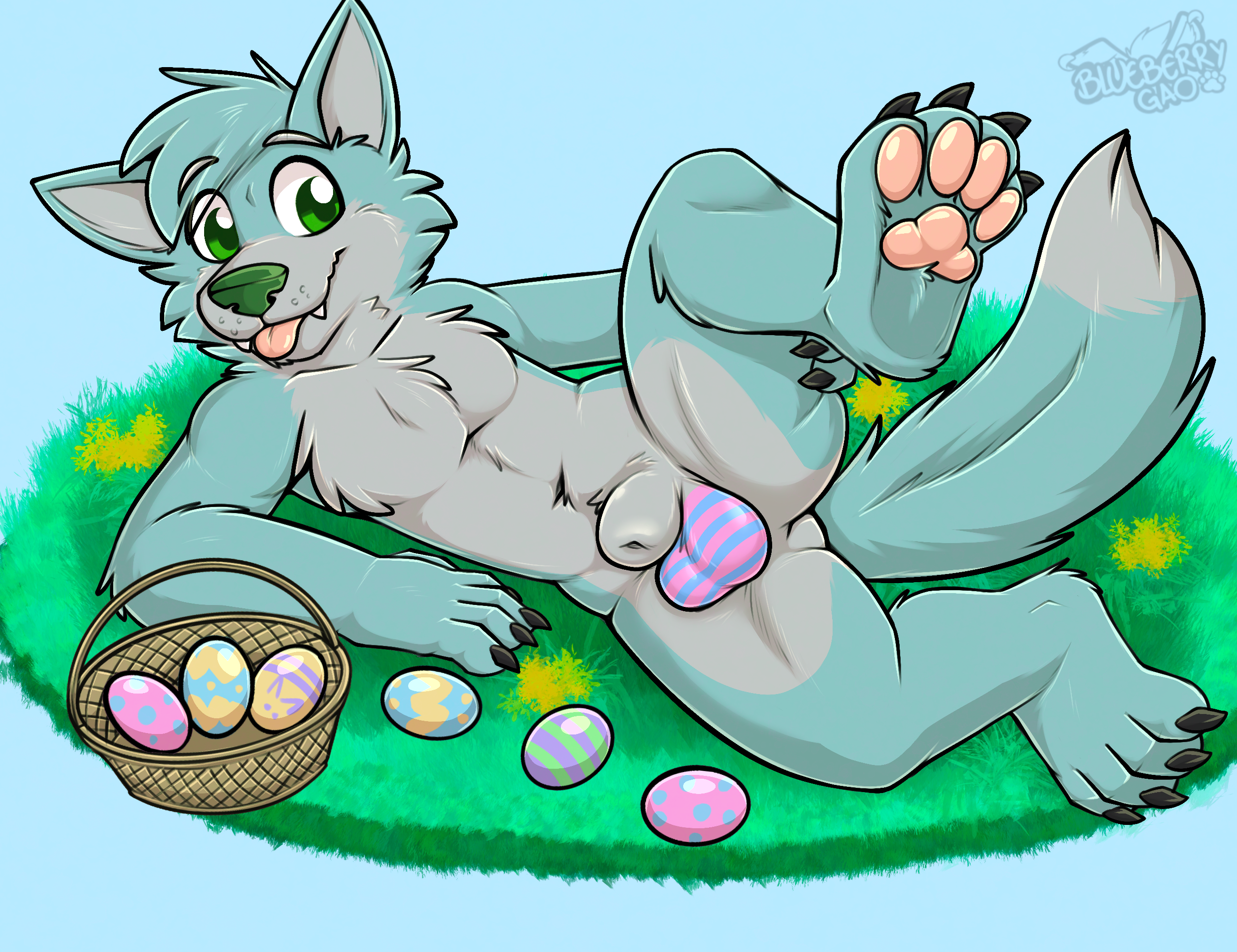 1_male 2026 animal_genitalia anthro balls basket blep blue_body blue_ears blue_fur blue_hair blue_tail bodypaint canid canis claws container cute_fangs dipstick_tail donovan_dmc easter easter_balls easter_basket easter_egg egg fangs fully_sheathed fur gaokun genitals green_eyes green_nose grey_balls grey_body grey_fur grey_sheath grey_tail hair hi_res holiday male male_anthro mammal markings masculine monotone_ears monotone_hair multicolored_body multicolored_fur multicolored_tail nude nude_male painted_balls pawpads pink_pawpads raised_leg sheath solo tail tail_markings teeth toe_claws tongue tongue_out two_tone_body two_tone_fur two_tone_tail watermark wolf