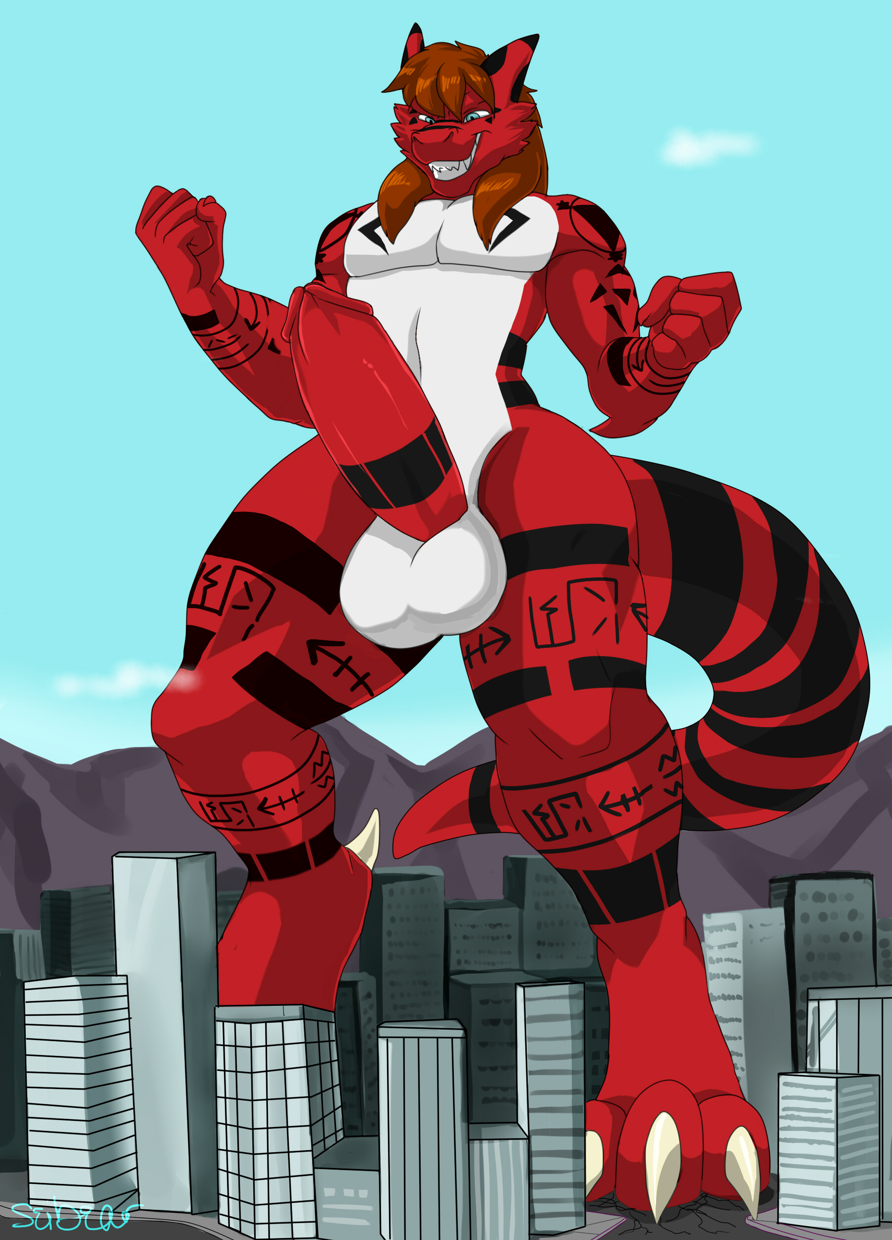 1_male 2018 absurd_res anthro balls bandai_namco black_body black_fur black_tail blue_eyes brown_hair claws digimon digimon_(species) erection fur genitals grin growlmon hair hi_res humanoid_genitalia humanoid_penis hybrid macro male mammal masculine monotone_hair penis red_body red_fur red_penis red_tail scalie seibear solo tail toe_claws white_balls white_body white_fur