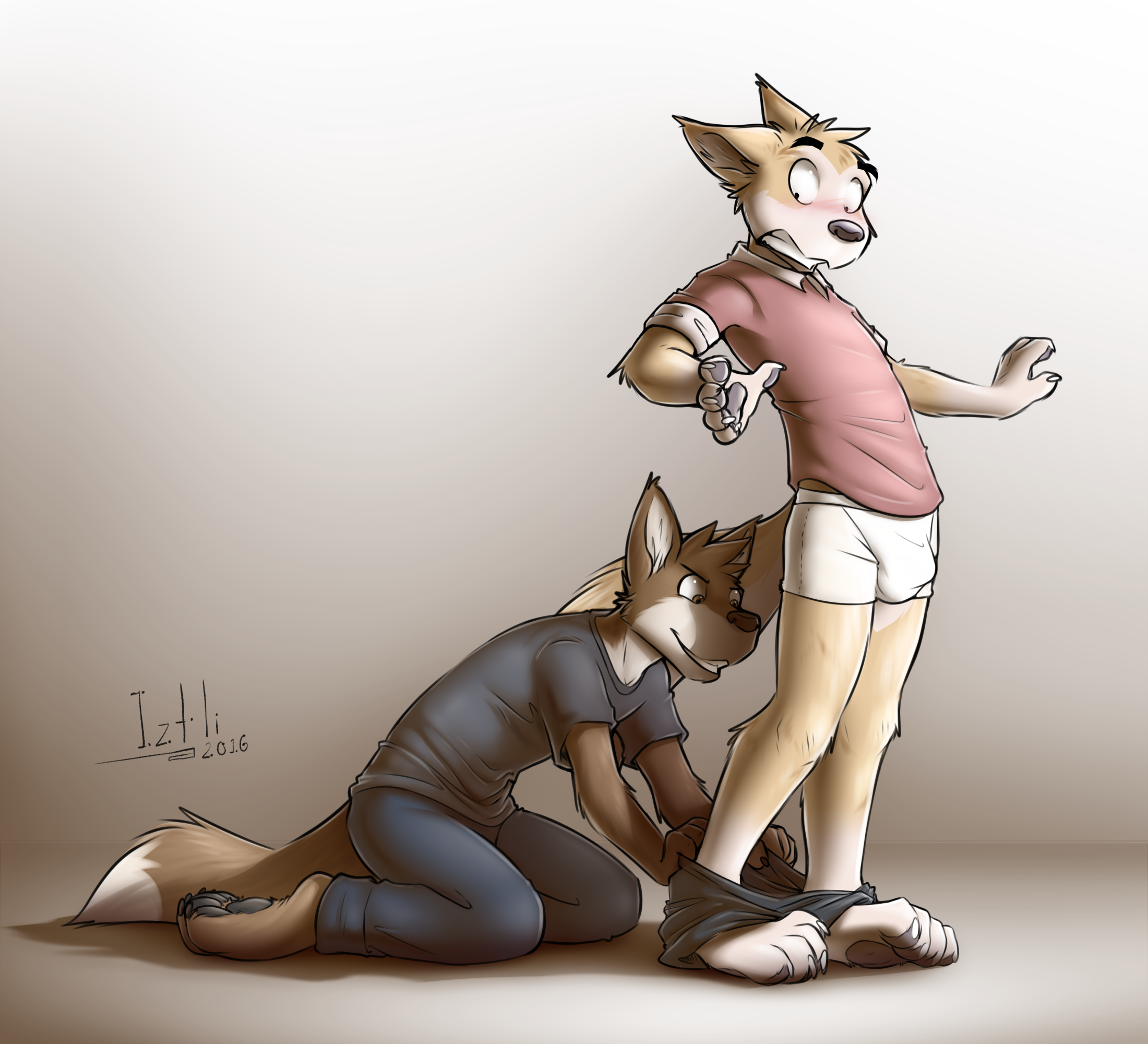 2016 2_males anthro blush brown_body brown_ears brown_fur brown_hair brown_tail bryce_(lonewolfhowling) bulge canid canis clothing detailed_bulge dingo dipstick_tail domestic_dog duo fur grey_clothing grey_shirt grey_topwear hair hi_res iztli male male/male mammal markings masculine multicolored_body multicolored_ears multicolored_fur multicolored_hair multicolored_tail multiple_males pantsing red_clothing red_shirt red_topwear shirt spencer_(lonewolfhowling) surprised tail tail_markings topwear two_tone_body two_tone_fur two_tone_tail white_body white_fur white_tail yellow_body yellow_ears yellow_fur yellow_tail