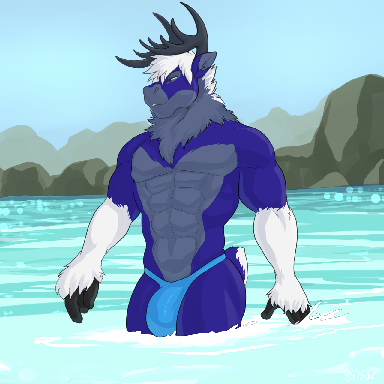 1_male 2018 anthro blue_bottomwear blue_clothing blue_underwear bottomwear bulge clothing deer fur grey_body grey_ears grey_fur hair hi_res lockhart male mammal masculine monotone_hair multicolored_body multicolored_ears multicolored_fur muscular_male purple_body purple_ears purple_fur seibear solo two_tone_body two_tone_ears two_tone_fur underwear white_body white_fur white_hair