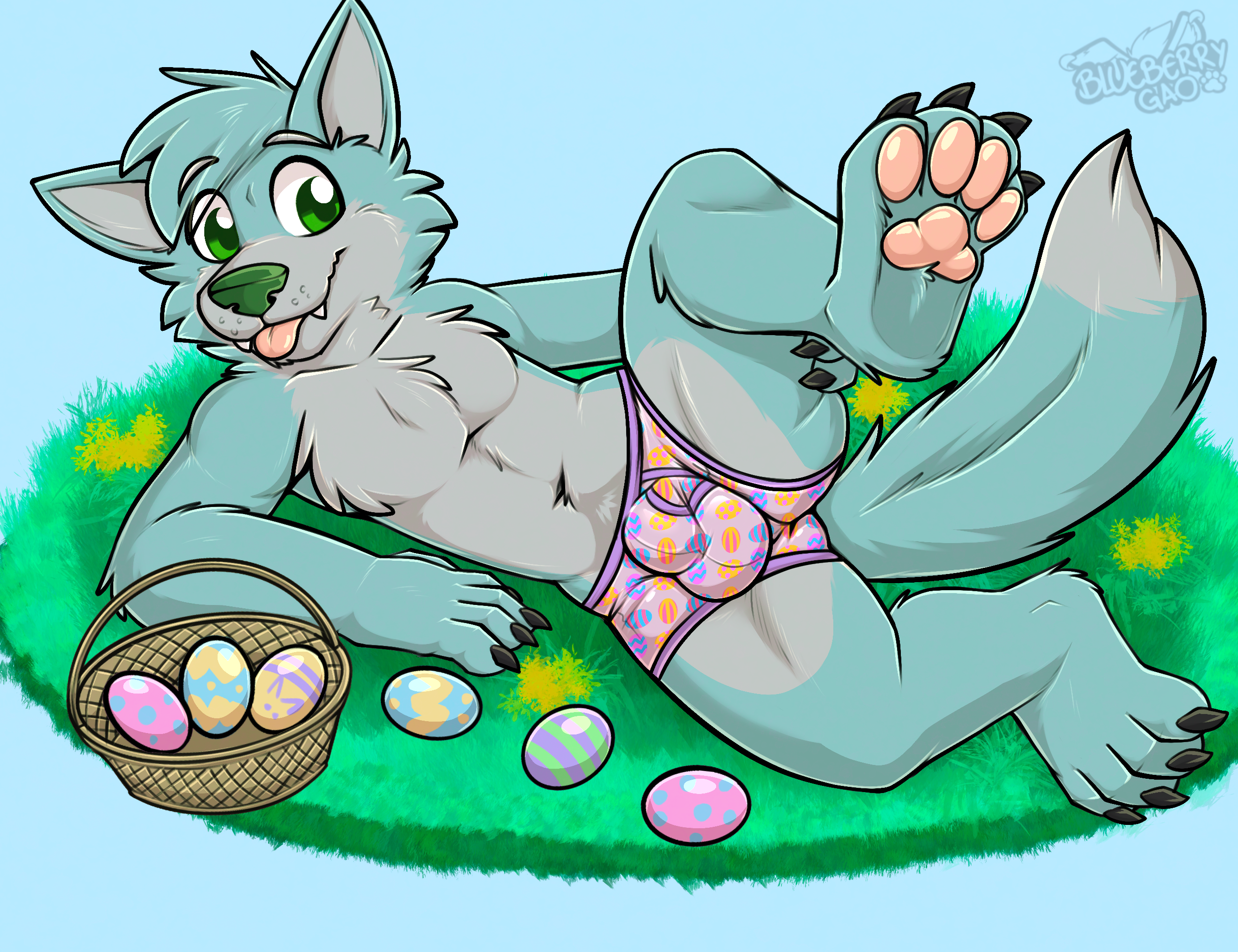 1_male 2026 anthro balls_outline basket blep blue_body blue_ears blue_fur blue_hair blue_tail bottomwear bottomwear_only boxer_briefs boxer_briefs_only bulge canid canis claws clothed clothing colored_seam_underwear container cute_fangs detailed_bulge dipstick_tail donovan_dmc easter easter_basket easter_egg egg fangs fur gaokun genital_outline green_eyes green_nose grey_body grey_fur grey_tail hair hi_res holiday male male_anthro mammal markings masculine monotone_ears monotone_hair multicolored_body multicolored_fur multicolored_tail pawpads pink_bottomwear pink_boxer_briefs pink_clothing pink_pawpads pink_underwear purple_seam_underwear raised_leg sheath_outline solo tail tail_markings teeth toe_claws tongue tongue_out topless topless_male two_tone_body two_tone_fur two_tone_tail underwear underwear_only watermark wolf