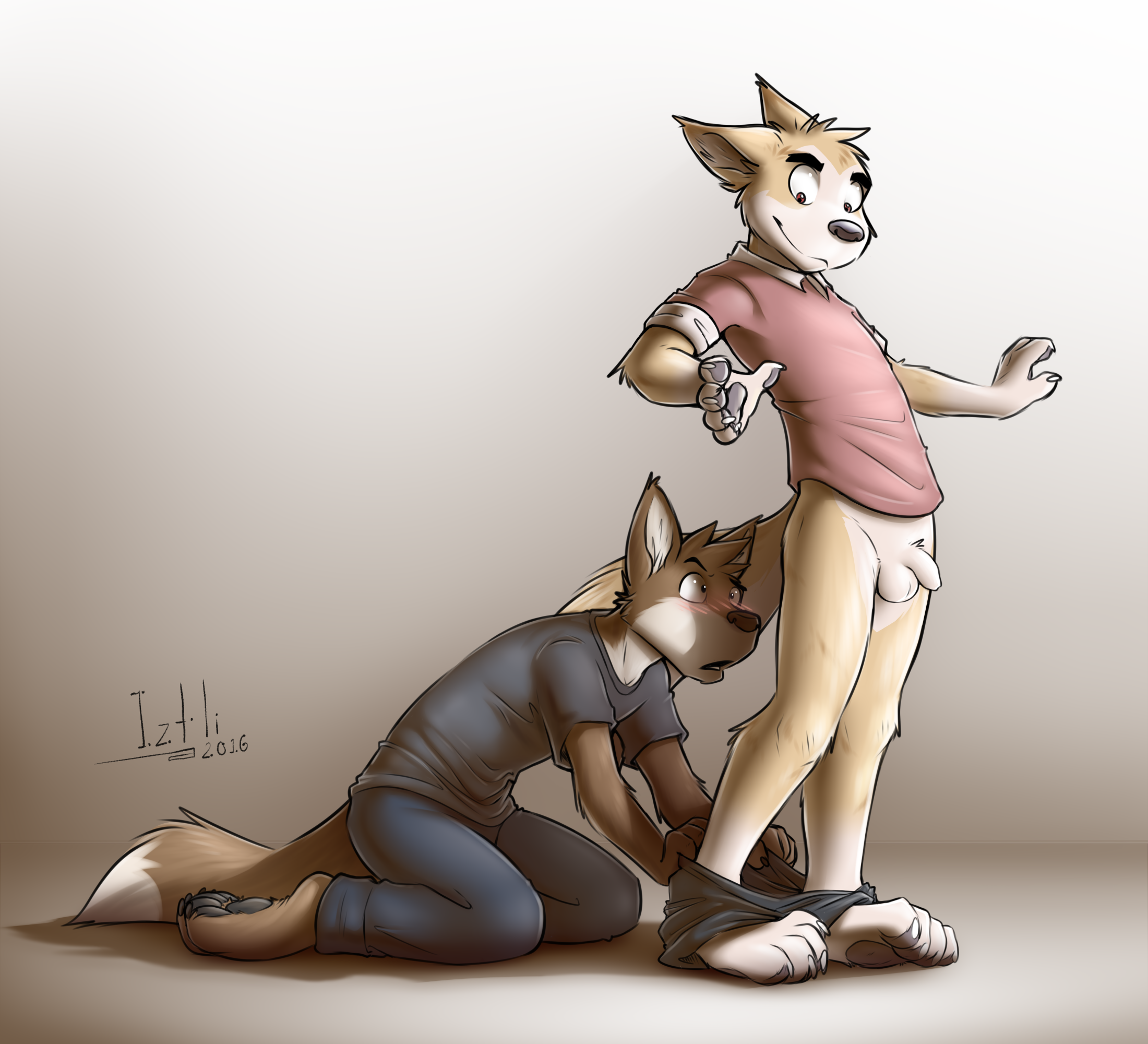 2016 2_males anthro balls blush brown_body brown_ears brown_fur brown_hair brown_tail bryce_(lonewolfhowling) canid canis clothing dingo dipstick_tail domestic_dog duo flaccid foreskin fur genitals grey_clothing grey_shirt grey_topwear hair hi_res humanoid_genitalia humanoid_penis iztli male mammal markings masculine multicolored_body multicolored_ears multicolored_fur multicolored_hair multicolored_tail multiple_males pantsing penis red_clothing red_shirt red_topwear shirt spencer_(lonewolfhowling) surprised tail tail_markings topwear two_tone_body two_tone_fur two_tone_tail white_balls white_body white_fur white_penis white_tail yellow_body yellow_ears yellow_fur yellow_tail
