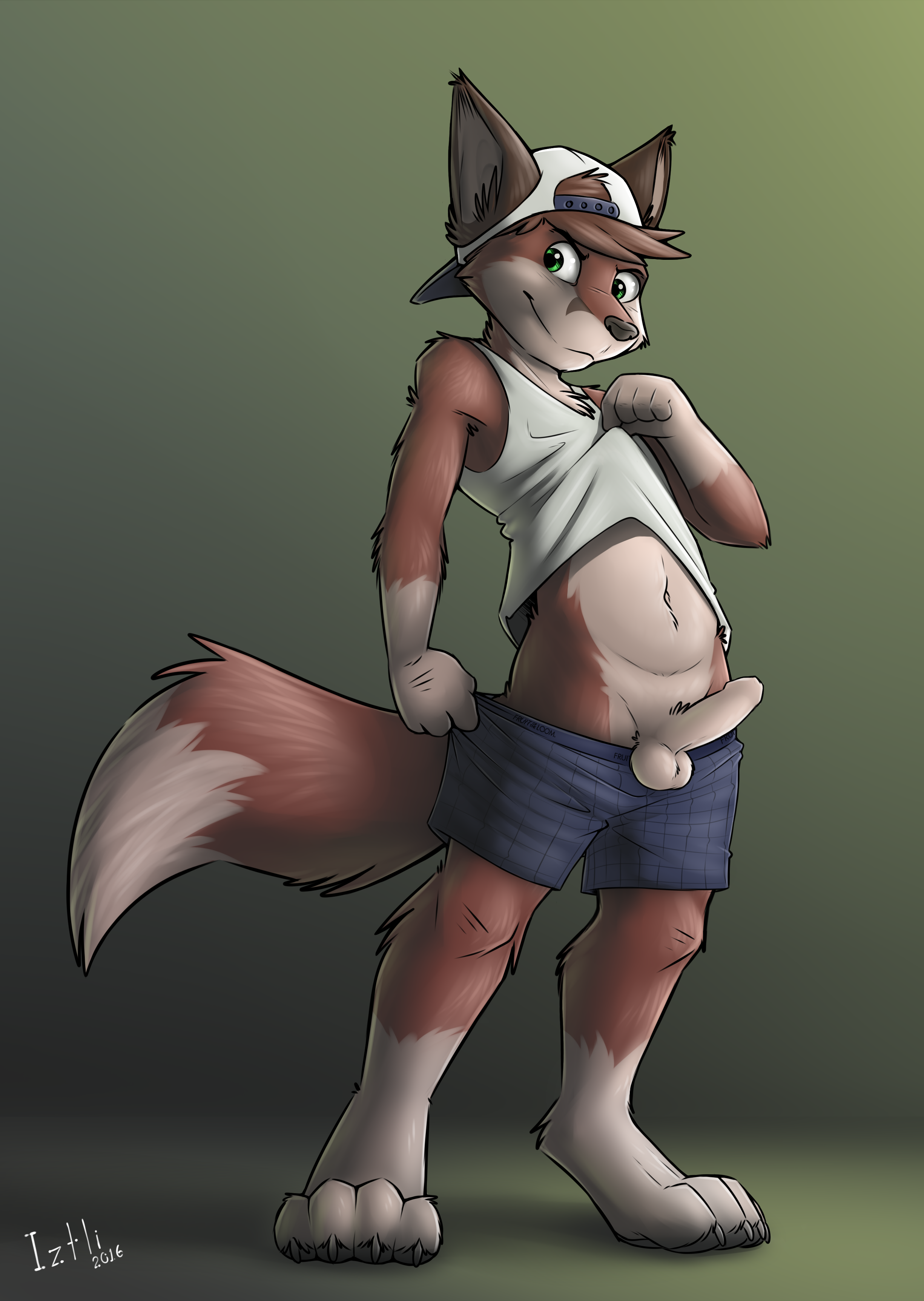 1_male 2016 absurd_res anthro backwards_baseball_cap backwards_hat badboychris balls baseball_cap blue_eyes bottomwear bottomwear_down brown_body brown_ears brown_fur brown_hair brown_tail canid clothed clothing clothing_down clothing_lift dipstick_tail erection foreskin fox fur genitals gloves_(marking) hair hat headwear hi_res humanoid_genitalia humanoid_penis iztli looking_at_viewer male mammal markings masculine midriff multicolored_body multicolored_ears multicolored_fur multicolored_hair multicolored_tail penis shirt shirt_lift shorts shorts_down socks_(marking) solo tail tail_markings topwear topwear_lift two_tone_body two_tone_fur two_tone_tail white_balls white_body white_fur white_penis white_tail