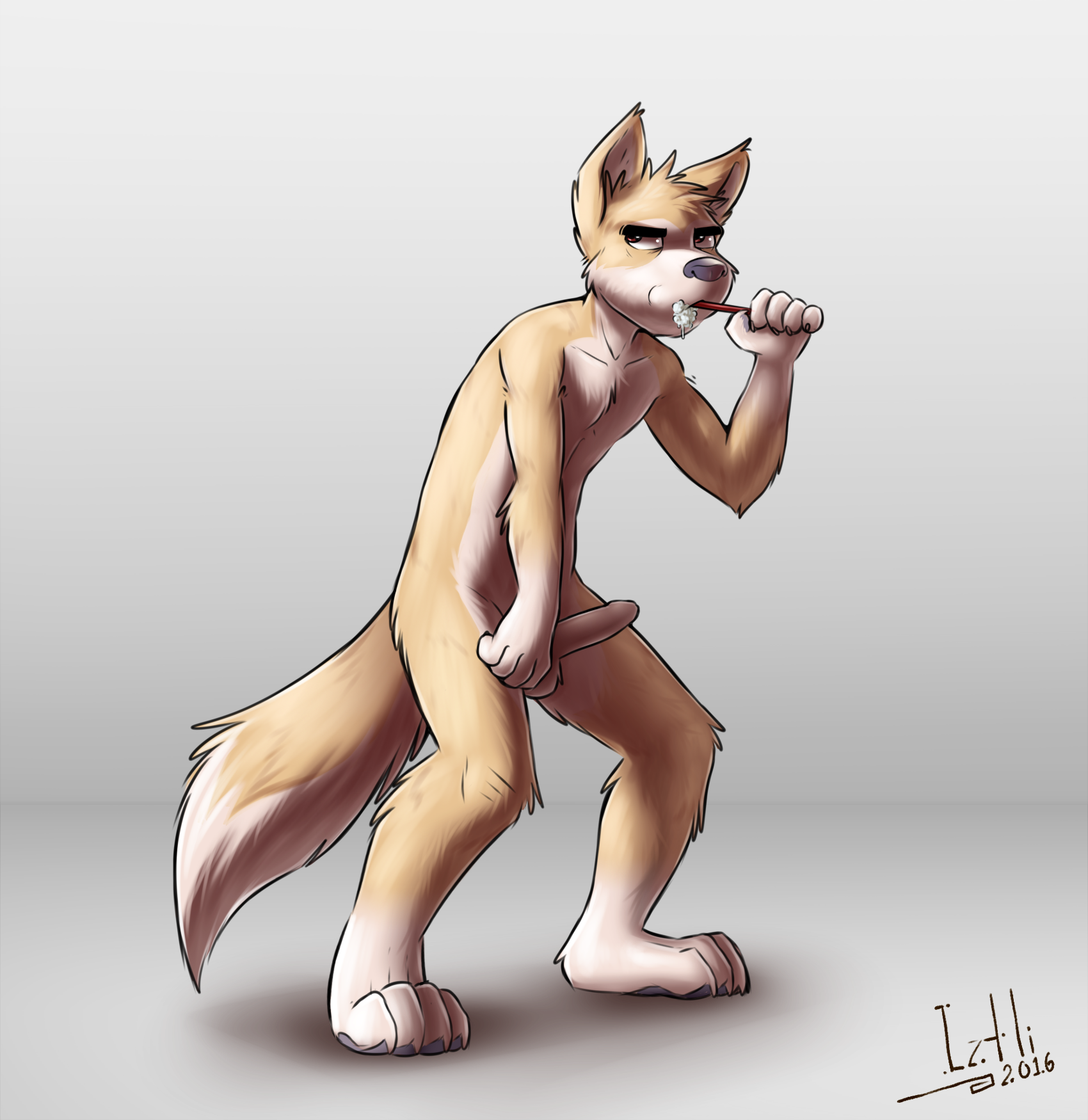 1_male 2016 annoyed anthro balls brushing_teeth bryce_(lonewolfhowling) canid canis dingo dipstick_tail erection fur genitals hair hi_res humanoid_genitalia humanoid_penis iztli male mammal markings masculine multicolored_body multicolored_ears multicolored_fur multicolored_hair multicolored_tail penis solo tail tail_markings two_tone_body two_tone_fur two_tone_tail white_tail yellow_balls yellow_body yellow_ears yellow_fur yellow_hair yellow_tail