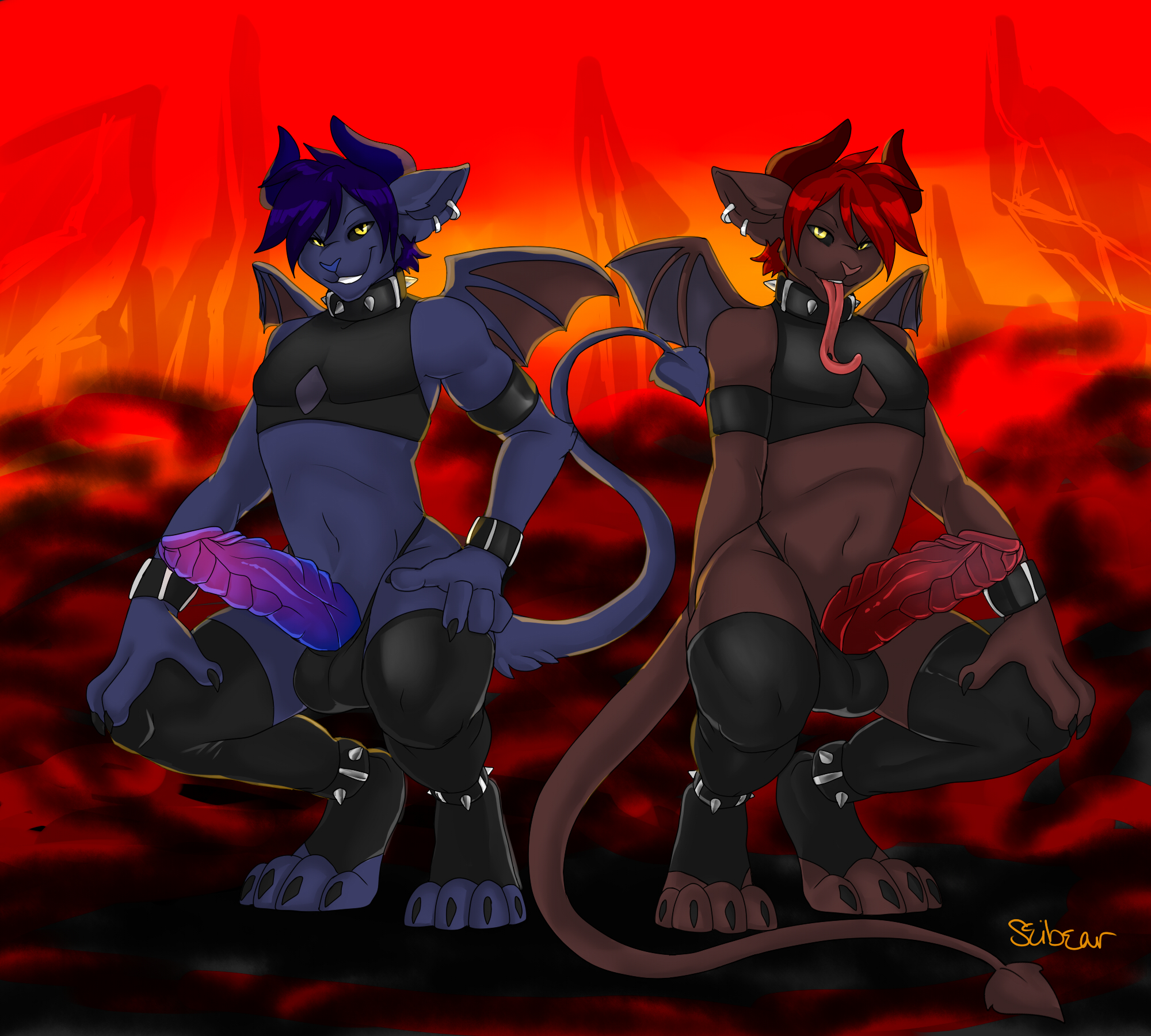 2018 2_males anthro balls_in_underwear balls_outline black_bottomwear black_clothing black_thong blue_body blue_ears blue_fur blue_nose blue_tail blue_wings bottomwear brown_body brown_ears brown_fur brown_tail brown_wings bulge clothing crop_top demon detailed_bulge dragon duo erection femboy fur genital_outline genitals hair hi_res horn hybrid legwear long_tongue male mammal masculine monotone_ears monotone_fur monotone_hair monotone_tail multiple_males penis pink_nose purple_hair red_hair scalie seibear shirt succubus tail thigh_highs thong tongue topwear underwear wings yellow_eyes