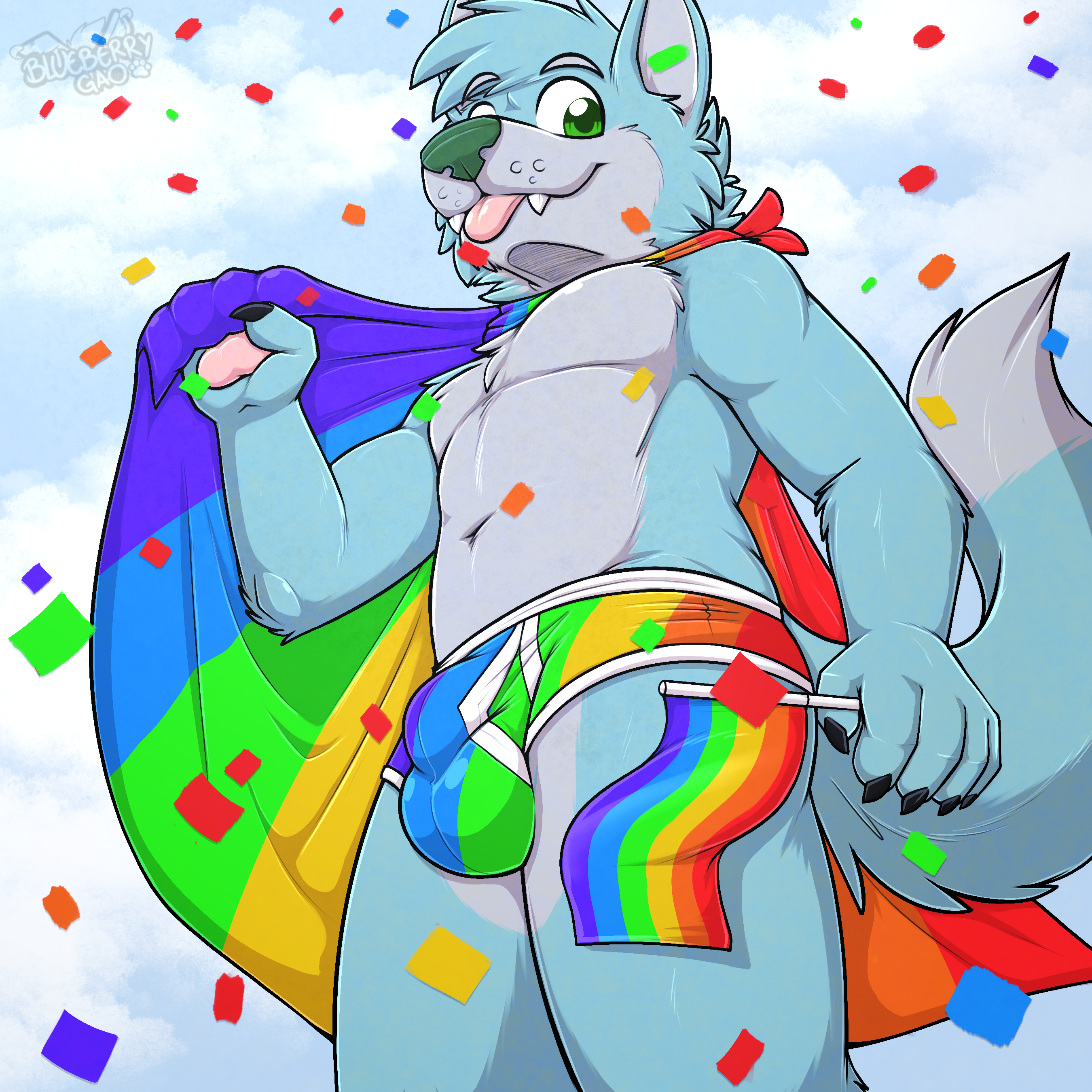 1_male 2026 absurd_res anthro balls_outline biped blep blue_body blue_ears blue_fur blue_hair blue_tail bottomwear bottomwear_only bulge canid canis clothed clothing colored_seam_underwear confetti detailed_bulge dipstick_tail donovan_dmc eyebrows fangs flag flag_(object) fur gaokun genital_outline green_eyes green_nose grey_body grey_eyebrows grey_fur grey_tail hair hi_res looking_at_viewer male mammal markings masculine monotone_ears monotone_hair multicolored_body multicolored_fur multicolored_tail pawpads pink_pawpads rainbow_cape rainbow_pride_flag rainbow_underwear solo tail tail_markings teeth tongue tongue_out topless two_tone_body two_tone_fur two_tone_tail underwear underwear_only watermark white_seam_underwear wolf