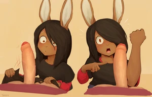 2_males anthro anthro/human black_clothing black_hair black_sweater black_topwear brown_body brown_ears brown_fur clothing duo erection feminine foreskin fur genitals hair hi_res human humanoid_genitalia humanoid_penis janis_(twang) lagomorph leporid long_ears male male/male mammal masculine monotone_ears multiple_males pants penis pubes rabbit shirt surprised sweater topwear twang yellow_eyes