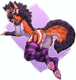 1_andromorph 2023 andromorph anthro anus black_body black_clothing black_fur black_hair black_legwear black_nose black_tail black_thigh_highs blue_sclera butteredshep canid clothing fingerless_(marking) fingerless_gloves_(marking) fur genitals gloves_(marking) hair legwear looking_at_viewer looking_back looking_back_at_viewer mammal markings masculine multicolored_body multicolored_ears multicolored_fur multicolored_tail nonbinary_(lore) orange_body orange_fur orange_tail pattern_clothing pattern_legwear pattern_thigh_highs pawpads paws pink_inner_ear pink_pawpads purple_clothing purple_legwear purple_thigh_highs pussy solo striped_clothing striped_legwear striped_thigh_highs tail thigh_highs two_tone_ears white_body white_ears white_fur yellow_ears yellow_hair yellow_tail