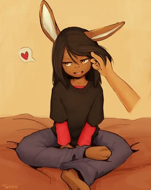 1_male anthro black_clothing black_hair black_sweater black_topwear brown_body brown_ears brown_fur clothing duo fur hair hi_res janis_(twang) lagomorph leporid long_ears male mammal monotone_ears offscreen_character open_mouth pants rabbit shirt sweater topwear twang yellow_eyes