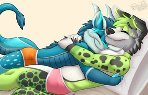 2024 2_males anthro anthro/anthro black_body black_ears black_fur black_nose black_tail bottomwear bottomwear_only briefs briefs_only canid clothed clothing cuddling dragon duo eastern_dragon floppy_ears fur gaokun green_body green_ears green_fur green_hair green_tail hair hi_res male male/male mammal markings masculine monotone_hair multiple_males orange_bottomwear orange_briefs orange_clothing orange_underwear pink_bottomwear pink_briefs pink_clothing pink_underwear scalie smile spots spotted_body spotted_fur spotted_tail tail topless underwear underwear_only
