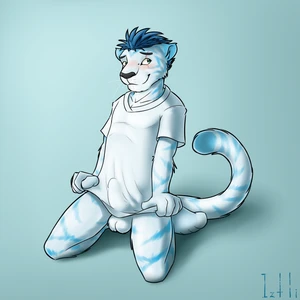 1_male 2014 anthro balls black_nose blue_body blue_ears blue_fur blue_hair blue_tail blush bottomless bulge clothed clothing clothing_pull detailed_bulge dipstick_tail erection erection_under_clothing felid fur genital_outline genitals green_eyes hair hi_res iztli looking_aside male mammal markings masculine monotone_ears monotone_hair multicolored_body multicolored_fur multicolored_tail pantherine penis_outline scar shirt shirt_only shirt_pull solo striped_body striped_fur striped_tail stripes t-shirt t-shirt_only tail tail_markings tiger topwear topwear_only topwear_pull two_tone_body two_tone_fur two_tone_tail watermark whiskers white_balls white_body white_fur white_tail