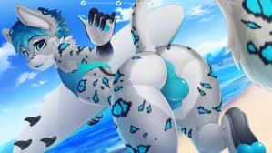 1_male 2019 anthro anus archon_eclipse balls_outline black_body black_ears black_fur black_tail blue_anus blue_body blue_ears blue_eyes blue_fur blue_hair blue_nose blue_pawpads blue_tail bottomwear bulge bulge_from_behind clothing crop_top detailed_bulge dripping felid feminine fur genital_fluids genital_outline grey_body grey_ears grey_fur grey_tail hair hi_res holding_object holding_surfboard ineffective_clothing inner_ear_fluff looking_at_viewer looking_back looking_back_at_viewer male mammal markings monotone_hair multicolored_body multicolored_ears multicolored_fur multicolored_tail open_mouth pantherine pawpads paws precum precum_drip rear_view shirt snow_leopard solo spots spotted_body spotted_ears spotted_fur spotted_tail surfboard tail thong topwear tuft underwear valkoinen watermark white_body white_fur white_inner_ear white_tail