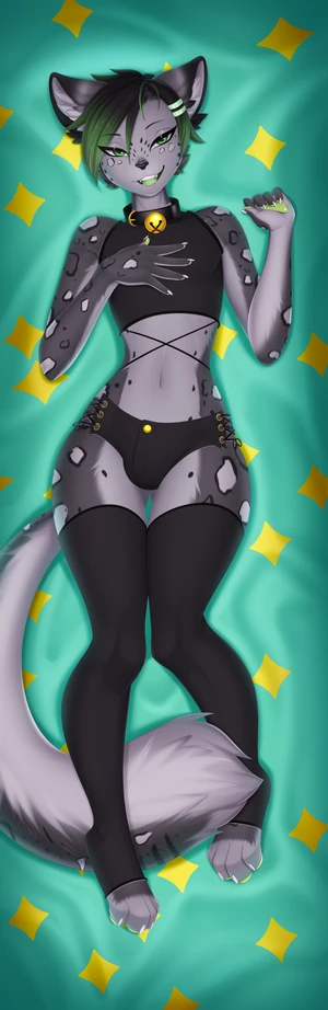 1_male 2021 absurd_res anthro bell bell_collar black_bottomwear black_clothing black_crop_top black_ears black_hair black_legwear black_nose black_shirt black_thigh_highs black_topwear bottomwear clothing collar crop_top femboy feminine fur green_eyes green_pawpads grey_body grey_ears grey_fur grey_hair grey_tail hair hi_res inner_ear_fluff legwear looking_at_viewer male markings pawpads paws psd_export shirt solo species_request spots spotted_body spotted_fur tail thigh_highs topwear tuft valkoinen white_body white_fur white_tail