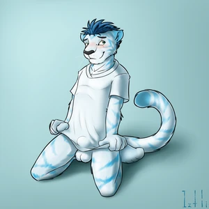 1_male 2014 anthro balls black_nose blue_body blue_ears blue_fur blue_hair blue_tail blush bottomless bulge clothed clothing clothing_pull detailed_bulge dipstick_tail felid fur genital_outline genitals green_eyes hair hi_res iztli looking_aside male mammal markings masculine monotone_ears monotone_hair multicolored_body multicolored_fur multicolored_tail pantherine scar sheath_outline shirt shirt_only shirt_pull solo striped_body striped_fur striped_tail stripes t-shirt t-shirt_only tail tail_markings tiger topwear topwear_only topwear_pull two_tone_body two_tone_fur two_tone_tail watermark whiskers white_balls white_body white_fur white_tail
