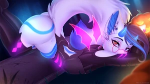 1_male 2021 anthro ass black_arm_warmers black_clothing black_hair black_legwear black_thigh_highs blue_body blue_eyes blue_fur blue_hair blue_inner_ear blue_tail canid clothing dipstick_tail eyewear femboy feminine fox fur glasses hair halloween heterochromia hi_res holiday horn inner_ear_fluff legwear looking_at_viewer male mammal markings multicolored_body multicolored_fur multicolored_hair multicolored_tail orange_eyes pince-nez solo tail tail_markings thigh_highs tuft two_tone_body two_tone_fur two_tone_hair two_tone_tail valkoinen watermark white_body white_ears white_fur white_tail yuki_(yukitallorean)