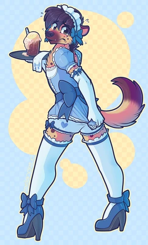 1_male 2016 anthro black_ears black_hair black_nose black_tail blush brown_tail clothed clothing crossdressing dipstick_tail embarrassed femboy feminine grey_eyes hair hi_res high_heels hyena legwear looking_at_viewer looking_back looking_back_at_viewer maid_uniform male mammal markings melangetic monotone_ears monotone_hair multicolored_tail shoes solo tail tail_markings thigh_highs two_tone_tail uniform watermark white_clothing white_legwear white_thigh_highs