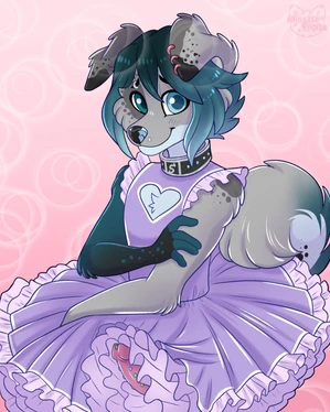 1_male 2021 anthro australian_shepherd black_ears black_nose blue_body blue_eyes blue_fur blue_hair blue_nose blue_tail canid canis clothing collar curled_tail dipstick_ears domestic_dog dress erection femboy feminine floppy_ears fraisensfw fur genitals grey_body grey_ears grey_fur grey_nose grey_tail hair hi_res humanoid_genitalia humanoid_penis looking_at_viewer male mammal monotone_hair multicolored_body multicolored_ears multicolored_fur multicolored_tail penis penis_piercing piercing purple_clothing purple_dress purple_topwear rileymutt solo tail topwear two_tone_ears white_body white_fur white_tail