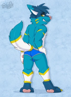 1_male 2022 absurd_res anthro blue_body blue_bottomwear blue_clothing blue_ears blue_fur blue_hair blue_tail blue_underwear bottomwear bottomwear_only bulge bulge_from_behind canid canis clothed clothing dipstick_ears dipstick_tail ferdinand_the_folf fox fur gaokun grinning hair hi_res hybrid looking_at_viewer looking_back looking_back_at_viewer male mammal markings masculine monotone_hair multicolored_body multicolored_ears multicolored_fur multicolored_tail pawpads paws pink_nose pink_pawpads rear_view solo tail tail_markings topless two_tone_ears underwear underwear_only white_body white_fur white_tail wolf yellow_body yellow_eyes yellow_fur yellow_tail