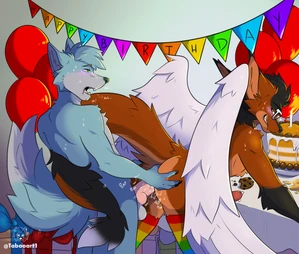 2025 2_males absurd_res anal anal_penetration animal_genitalia animal_penis anthro anthro/anthro anthro_penetrated anthro_penetrating anthro_penetrating_anthro balls birthday black_body black_fur black_nose black_tail blue_body blue_ears blue_fur blue_hair blue_tail blush brown_body brown_ears brown_fur brown_tail canid canine_genitalia canine_penis canis dipstick_tail donovan_dmc dragon duo femboy feminine fur furred_dragon furred_scalie genital_fluids genitals gloves_(marking) green_nose grey_balls grey_body grey_fur grey_tail grinning hair hand_on_ass hi_res knot knotted_penis male male/male male_penetrated male_penetrating male_penetrating_male mammal markings multiple_males nude nude_anthro nude_male open_mouth penetration penile penile_penetration penis penis_in_ass precum rainbow_thigh_highs scalie sex taboo_art tail tail_markings tarrgon watermark white_wings wings wolf