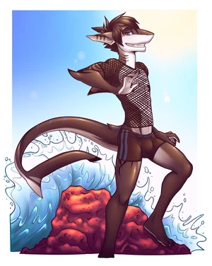 1_male 2014 anthro athletic_wear black_body black_ears black_hair black_skin black_tail blue_eyes bottomwear bulge clothing femboy feminine fish fishnet_clothing fishnet_topwear gym_bottomwear gym_shorts hair hi_res lockworkorange looking_at_viewer male mammal marine monotone_ears monotone_hair multicolored_body multicolored_skin multicolored_tail shark shorts skin solo tail topwear two_tone_body two_tone_skin two_tone_tail white_body white_skin white_tail