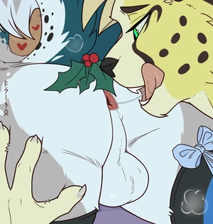 2024 2_males acino acino_(artist) anthro anthro/anthro anus australian_shepherd backsack balls black_clothing black_legwear black_nose black_thigh_highs blue_clothing blue_legwear blue_tail blue_thigh_highs canid canis cheetah clothing domestic_dog duo felid fur genitals green_eyes grey_body grey_fur grey_tail legwear licking licking_lips licking_own_lips male male/male mammal masculine mistletoe multicolored_body multicolored_fur multicolored_tail multiple_males pattern_clothing pattern_legwear pattern_thigh_highs plant rileymutt saliva_string striped_clothing striped_legwear striped_thigh_highs tail thigh_highs white_balls white_body white_fur white_tail yellow_body yellow_fur