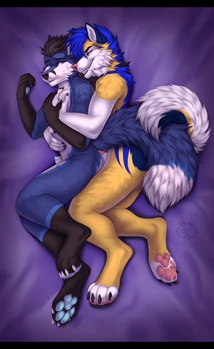 2023 2_males animal_genitalia animal_penis anthro anthro/anthro black_hair black_nose blue_body blue_ears blue_fur blue_hair blue_pawpads blue_penis blue_tail butteredshep canid canine_genitalia canine_penis canis cuddling curled_tail dipstick_tail domestic_dog duo fox fur genitals gloves_(marking) hair inner_ear_fluff lipsticking male male/male mammal markings masculine monotone_hair multicolored_body multicolored_fur multicolored_tail multiple_males pawpads paws penis penis_tip pink_nose pink_pawpads purple_eyes sheath socks_(marking) tail tail_markings toeless_(marking) toeless_socks_(marking) tuft two_tone_tail white_body white_fur white_inner_ear white_sheath white_tail wolf yellow_body yellow_eyes yellow_fur yellow_tail