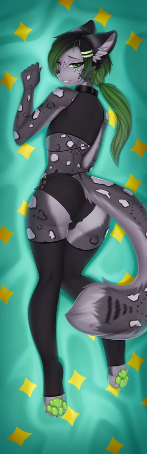 1_male 2021 absurd_res anthro ass bell bell_collar black_clothing black_crop_top black_ears black_hair black_legwear black_nose black_shirt black_thigh_highs black_topwear bulge bulge_from_behind clothing collar crop_top femboy feminine fur green_eyes green_pawpads grey_body grey_ears grey_fur grey_hair grey_tail hair hi_res inner_ear_fluff legwear looking_at_viewer looking_back looking_back_at_viewer male markings pawpads paws psd_export rear_view shirt solo species_request spots spotted_body spotted_fur tail thigh_highs topwear tuft valkoinen white_body white_fur white_tail