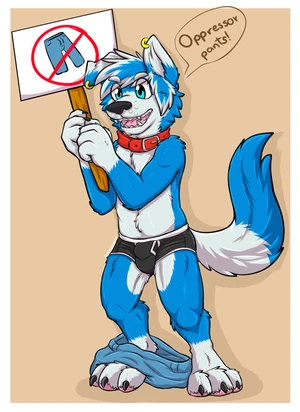 1_male 2019 anthro balls_outline black_bottomwear black_clothing black_nose black_underwear blue_body blue_ears blue_eyes blue_fur blue_hair blue_tail border_collie bottomwear bottomwear_around_one_leg bottomwear_down boxer_briefs bulge canid canis clothing clothing_around_one_leg clothing_down collar detailed_bulge dialogue dipstick_ears dipstick_tail domestic_dog floppy_ears fur gao_(gaokun) gaokun genital_outline hair hi_res male mammal markings masculine multicolored_body multicolored_ears multicolored_fur multicolored_hair multicolored_tail open_mouth pants pants_around_one_leg pawpads paws pink_pawpads protesting sheath_outline solo spanish_text tail tail_markings text two_tone_body two_tone_ears two_tone_fur two_tone_hair two_tone_tail underwear white_body white_ears white_fur white_hair white_tail