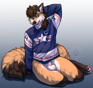 1_male 2024 animal_genitalia anthro balls blue_eyes brown_body brown_ears brown_fur brown_hair brown_tail butteredshep canid clothing dipstick_tail erection erection_under_clothing fox fur genitals green_eyes hair hand_behind_head heterochromia lipsticking looking_aside male mammal markings masculine monotone_ears multicolored_body multicolored_fur multicolored_tail orange_body orange_fur orange_tail pawpads paws penis penis_tip pink_pawpads sheath solo sports_jersey tail tail_markings two_tone_tail white_balls white_body white_fur white_sheath