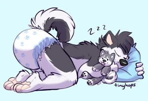 1_male 2020 anthro black_body black_ears black_fur black_hair black_nose black_tail bottomwear canid canis clothed clothing curled_tail diaper diaper_only domestic_dog fur hair husky male mammal masculine monotone_ears monotone_hair multicolored_body multicolored_fur multicolored_tail pawpads paws pink_pawpads plushie solo tail tinyhops topless two_tone_body two_tone_fur two_tone_tail wearing_diaper white_body white_fur white_tail