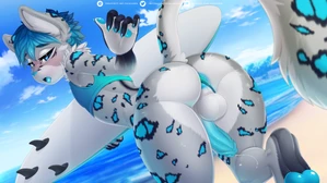 1_male 2019 anthro anus archon_eclipse backsack balls black_body black_ears black_fur black_tail blue_anus blue_body blue_ears blue_eyes blue_fur blue_glans blue_hair blue_nose blue_pawpads blue_penis blue_tail blush bottomwear clothing crop_top dripping erection felid feminine fur genital_fluids genitals glans grey_body grey_ears grey_fur grey_tail hair hi_res holding_object holding_surfboard humanoid_genitalia humanoid_penis ineffective_clothing inner_ear_fluff looking_at_viewer looking_back looking_back_at_viewer male mammal markings monotone_hair multicolored_body multicolored_ears multicolored_fur multicolored_tail open_mouth pantherine pawpads paws penis precum precum_drip rear_view shirt snow_leopard solo spots spotted_body spotted_ears spotted_fur spotted_tail surfboard tail thong topwear tuft underwear valkoinen watermark white_balls white_body white_fur white_inner_ear white_tail