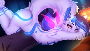 1_male 2021 anthro ass black_hair blue_body blue_eyes blue_fur blue_hair blue_inner_ear blue_tail canid dipstick_tail eyewear feminine fox fur glasses hair halloween heterochromia hi_res holiday horn inner_ear_fluff looking_at_viewer male mammal markings multicolored_body multicolored_fur multicolored_hair multicolored_tail nude nude_anthro nude_male orange_eyes pince-nez solo tail tail_markings tuft two_tone_body two_tone_fur two_tone_hair two_tone_tail valkoinen watermark white_body white_ears white_fur white_tail yuki_(yukitallorean)