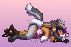 2020 2_males anthro anthro/anthro black_body black_ears black_fur black_pawpads blep blue_eyes bottomwear brown_body brown_fur canid clothed clothing cross_fox diaper diaper_only dipstick_ears dry_humping duo fox fur genital_fluids grey_body grey_ears grey_fur grey_hair hair hi_res male male/male mammal masculine multicolored_ears multiple_males orange_body orange_ears orange_fur orange_tail pawpads paws purple_hair tail tinyhops tongue tongue_out topless two_tone_ears unclean_diaper urine used_diaper wearing_diaper wet_diaper white_body white_fur yellow_eyes