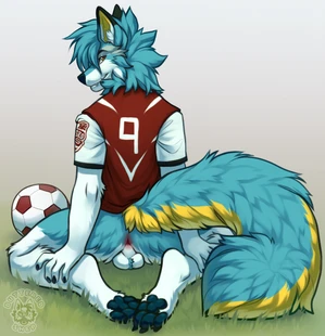 1_male 2024 anthro anus backsack balls black_ears black_pawpads blue_body blue_ears blue_fur blue_hair blue_tail butteredshep canid dipstick_ears fox fur genitals hair hi_res looking_at_viewer looking_back looking_back_at_viewer male mammal masculine monotone_hair multicolored_body multicolored_ears multicolored_fur multicolored_tail orange_body orange_fur pawpads paws soccer_ball solo sports_jersey tail two_tone_body two_tone_ears two_tone_fur two_tone_tail white_balls white_tail yellow_inner_ear yellow_tail