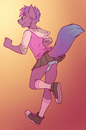 1_male 2014 anthro blue_tail bottomwear canid clothing eyewear femboy feminine fox fur glasses green_eyes hair hoodie lockworkorange looking_at_viewer looking_back looking_back_at_viewer male mammal miniskirt monotone_ears monotone_fur monotone_hair multicolored_tail panties pattern_bottomwear pattern_clothing pattern_panties pattern_skirt pattern_underwear pince-nez plaid plaid_bottomwear plaid_clothing plaid_skirt purple_body purple_ears purple_fur purple_hair purple_tail rear_view school_uniform skirt solo striped_bottomwear striped_clothing striped_panties striped_underwear tail topwear two_tone_tail underwear uniform upskirt